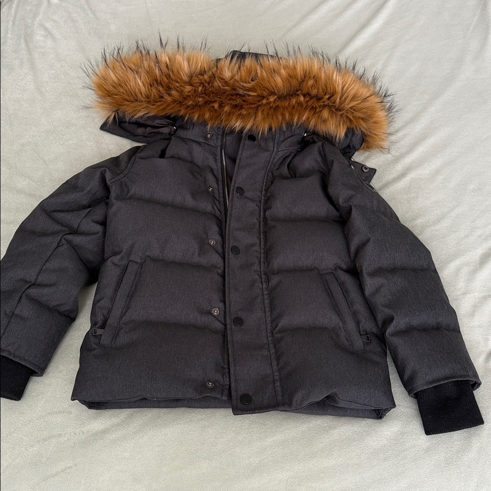 North Bear Black dark, gray Puffer Jacket with Faux Fur Hood